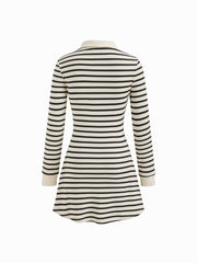 Cotton-blend Stripe Collar Long Sleeve Mini Dress