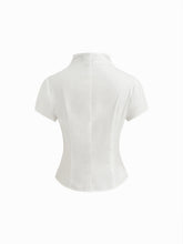 100% Cotton Asymmetrical Neck Button Curved Hem Short Sleeve Blouse