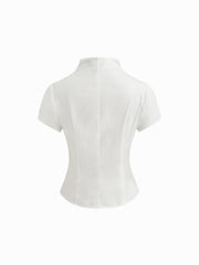 100% Cotton Asymmetrical Neck Button Curved Hem Short Sleeve Blouse