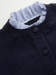 Knit Plaid Round Neck Long Sleeve Ruffle Trim Button Cardigan