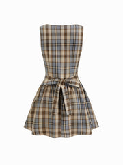 Plaid Asymmetrical Neck Ruched Tie Back Mini Dress