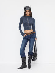 High Neck Striped Asymmetrical Zipper Metal Detail Long Sleeve Top