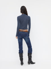 High Neck Striped Asymmetrical Zipper Metal Detail Long Sleeve Top
