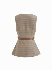 Round Neckline Houndstooth Blazer Vest With Belt