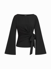 Boat Neck Stripe Knotted Bell Sleeve Blouse