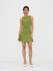 Boat Neck Twist Ruched Mini Dress