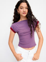 Boat Neck Stripe Contrasting Binding Short Sleeve Tee