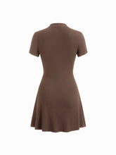 Mandarin Collar Short Sleeve Metal Detail Cut Out Ruched Mini Dress