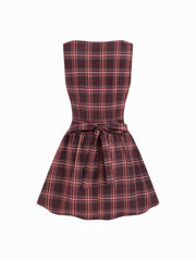 Plaid Asymmetrical Neck Ruched Tie Back Mini Dress