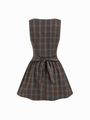 Plaid Asymmetrical Neck Ruched Tie Back Mini Dress