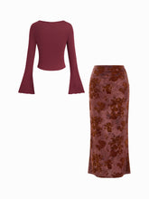 Boat Neck Long Sleeve Top & Mid Rise Floral Ruched Maxi Skirt Set