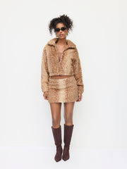 Faux Fur Deer Low Rise Animal Print Half Zip Mini Skirt