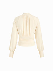 High Neck Long Sleeve Ruched Cinched Waist Blouse