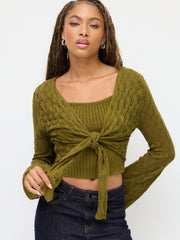 Knit V-neck Bell Sleeve Tie Front Hollow Out Cardigan With Cami Top