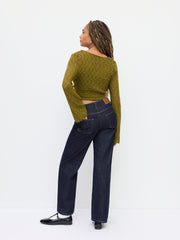 Knit V-neck Bell Sleeve Tie Front Hollow Out Cardigan With Cami Top