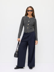 Knit Round Neckline Long Sleeve Metal Button Cardigan