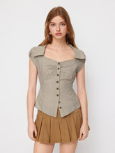 100% Cotton Collar Stripe Belted Short Sleeve Blouse