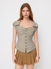 100% Cotton Collar Stripe Belted Short Sleeve Blouse