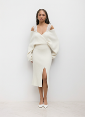 Knit Off-Shoulder Wrap Lace Split Midi Dress