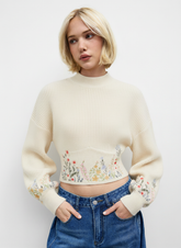Knit High Neck Floral Embroidery Crop Top
