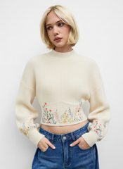 Knit High Neck Floral Embroidery Crop Top
