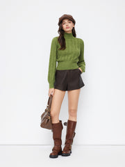 Wool-blend Cable Knit High Neck Solid Long Sleeve Top