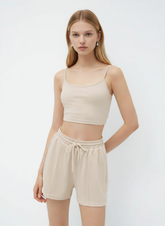 U-neckline Crop Cami Top & Drawstring Wide Leg Shorts Set