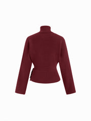 Knit Turtleneck Long Sleeve Button Side Ruched Cinched Waist Top