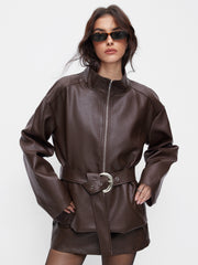 Faux Leather Stand Collar Zip Through Jacket With Belt