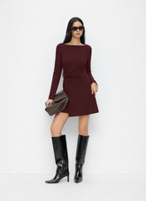 Boat Neck Bell Sleeve Tie Side Ruched Mini Dress