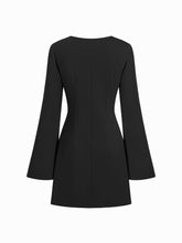 Round Neckline Side Belted Pleated Bell Sleeve Mini Dress