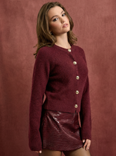 Knit Round Neckline Long Sleeve Metal Button Cardigan