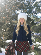 Knit Plaid Round Neck Long Sleeve Ruffle Trim Button Cardigan