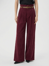 Corduroy High Rise Solid Pleated Wide Leg Trousers With Belt