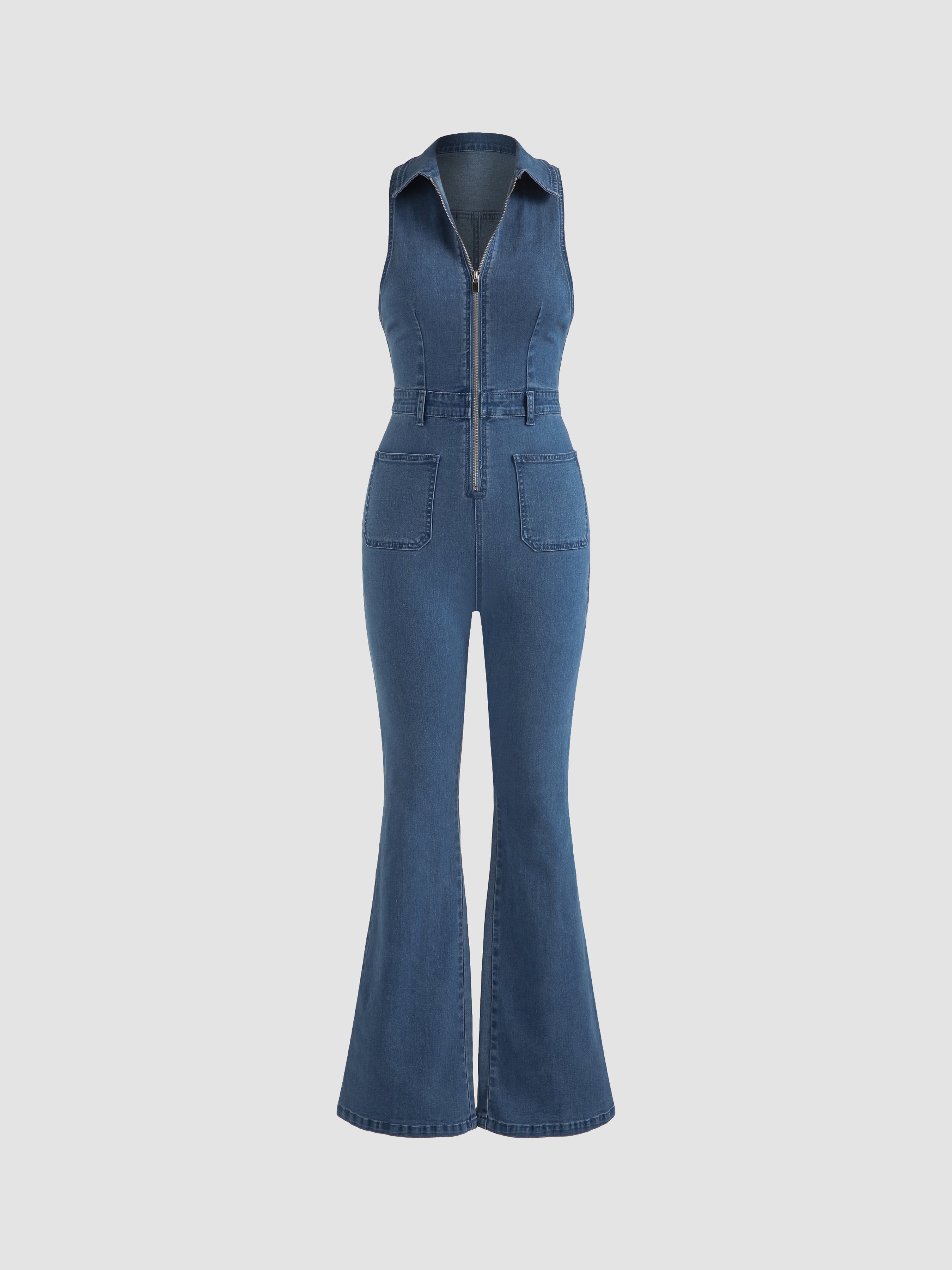 Denim Collar Flare Leg Jumpsuit