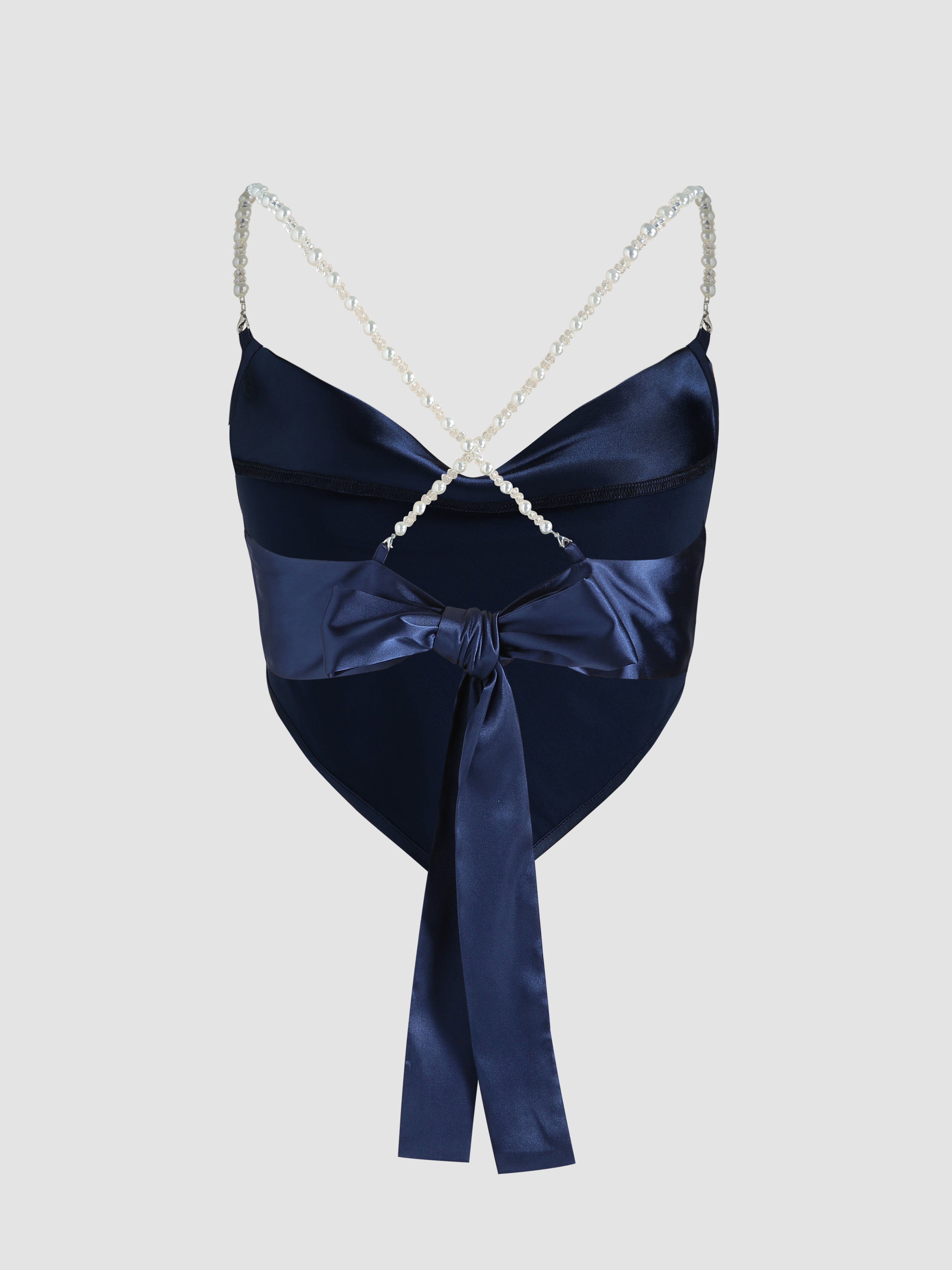Solid Satin Pearls Cowl Neck Crop Tank Top