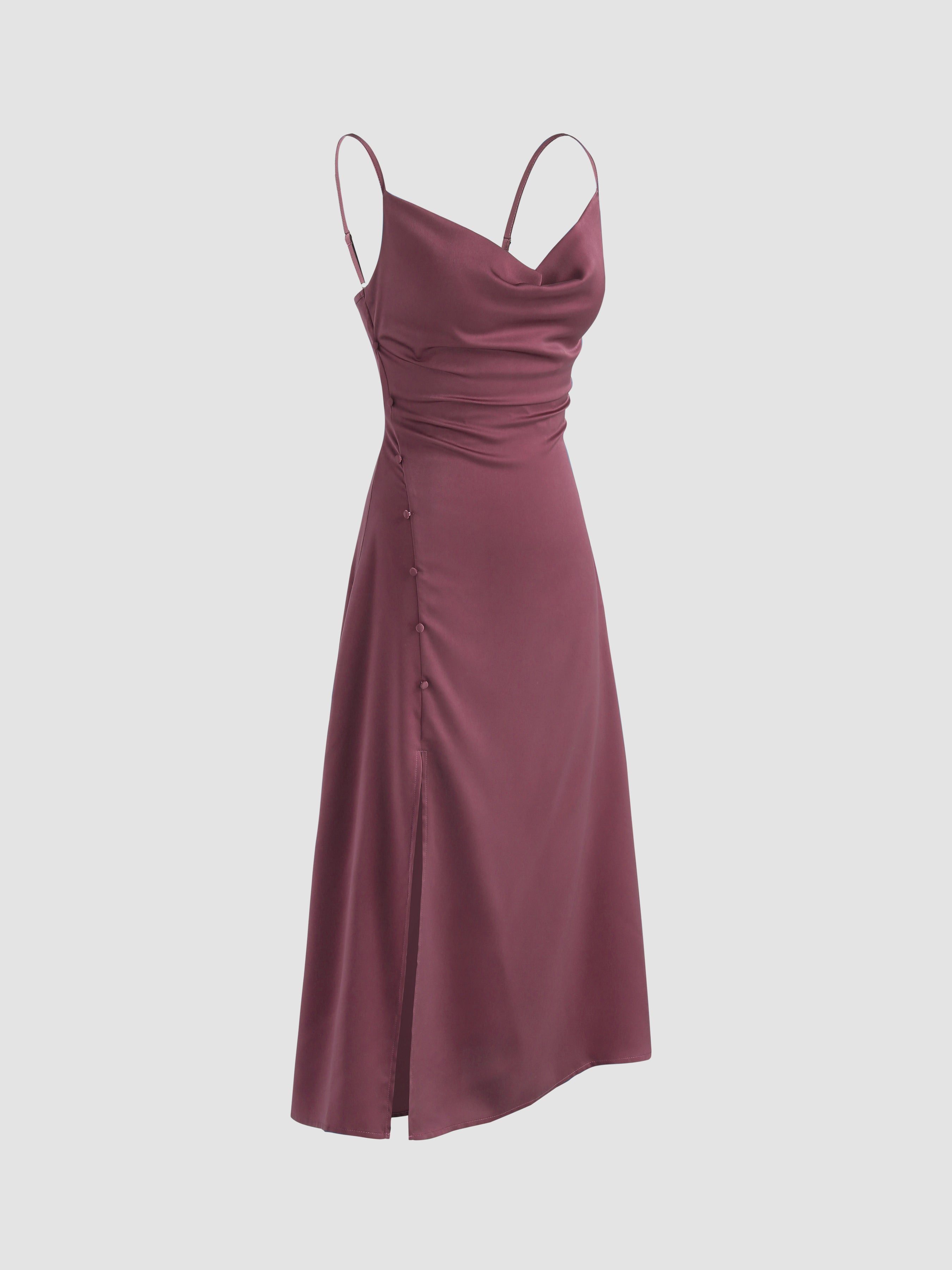 Solid Cowl Neck Slit Midi Dress