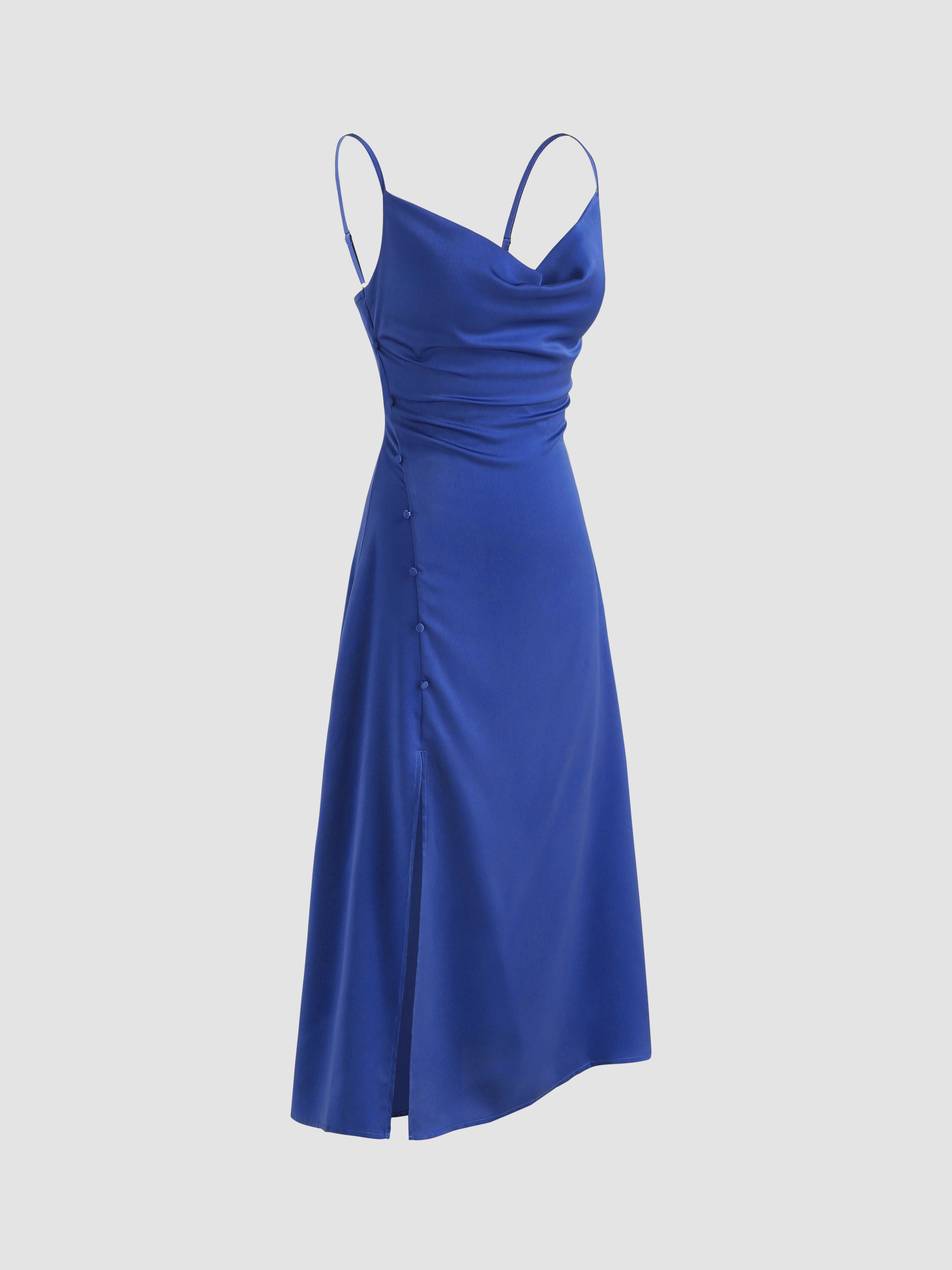 Solid Cowl Neck Slit Midi Dress