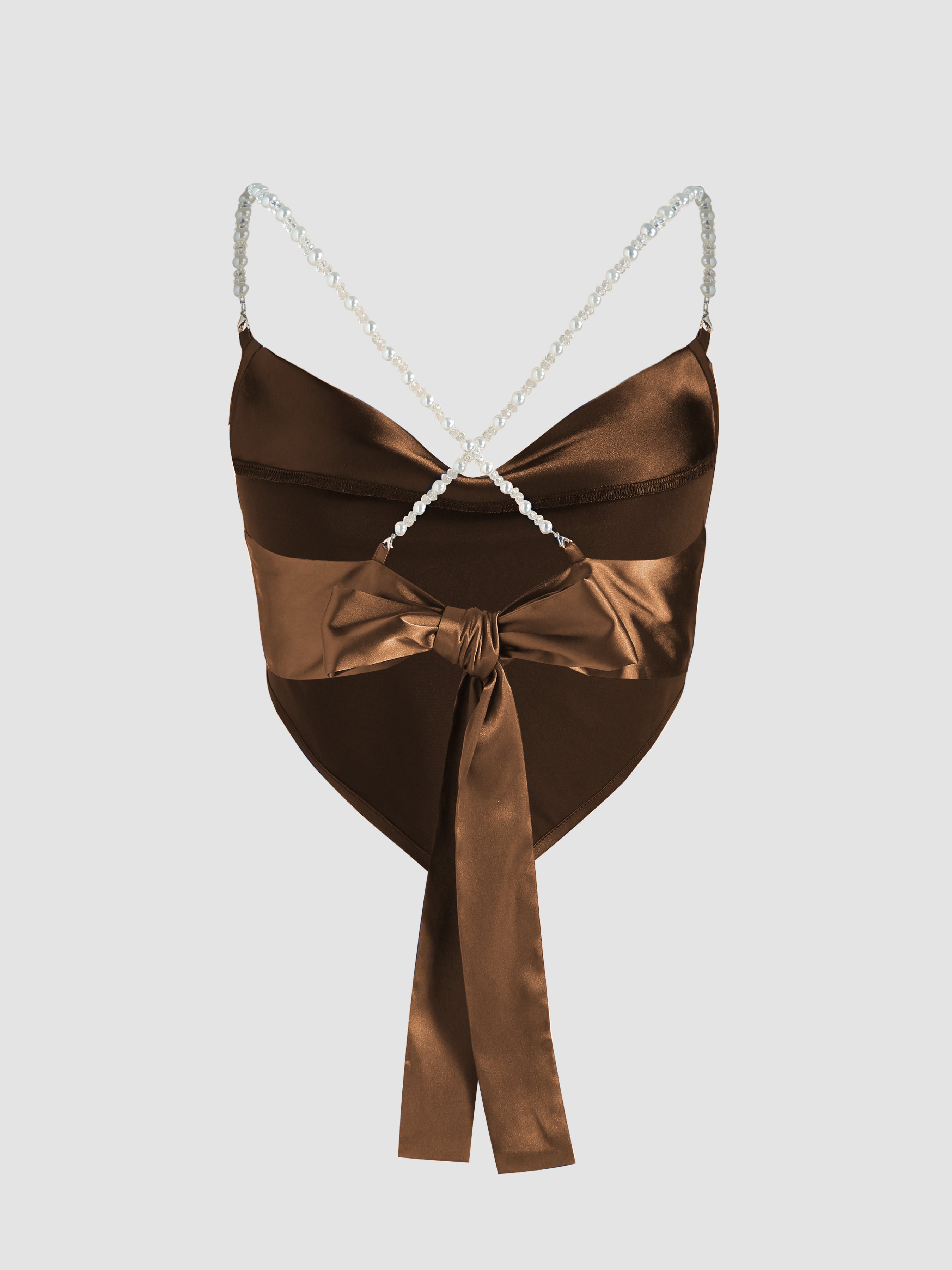 Solid Satin Pearls Cowl Neck Crop Tank Top