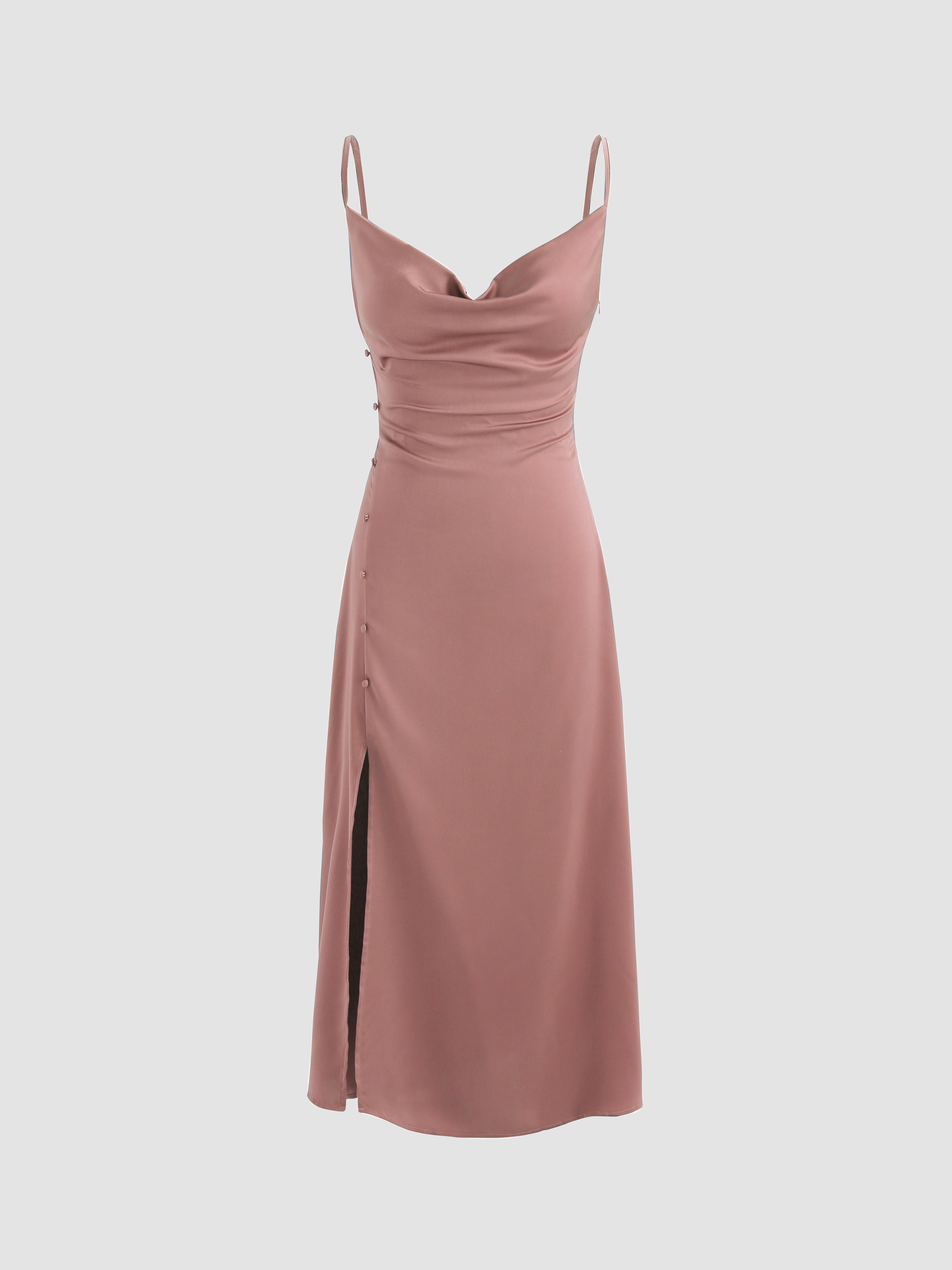 Solid Cowl Neck Slit Midi Dress