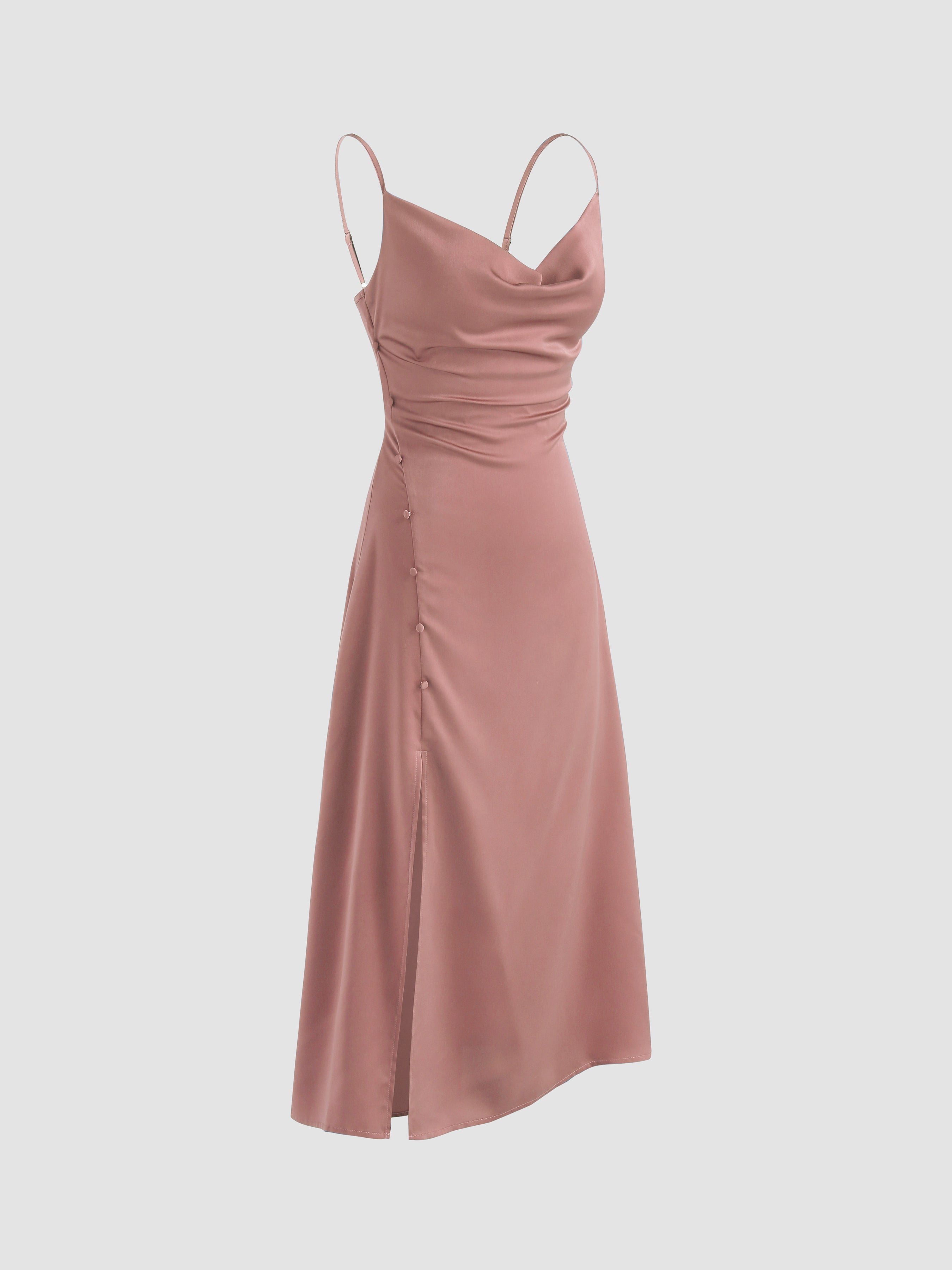 Solid Cowl Neck Slit Midi Dress