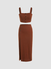 Solid Rib Crop Tank Top & Slit Skirt Set