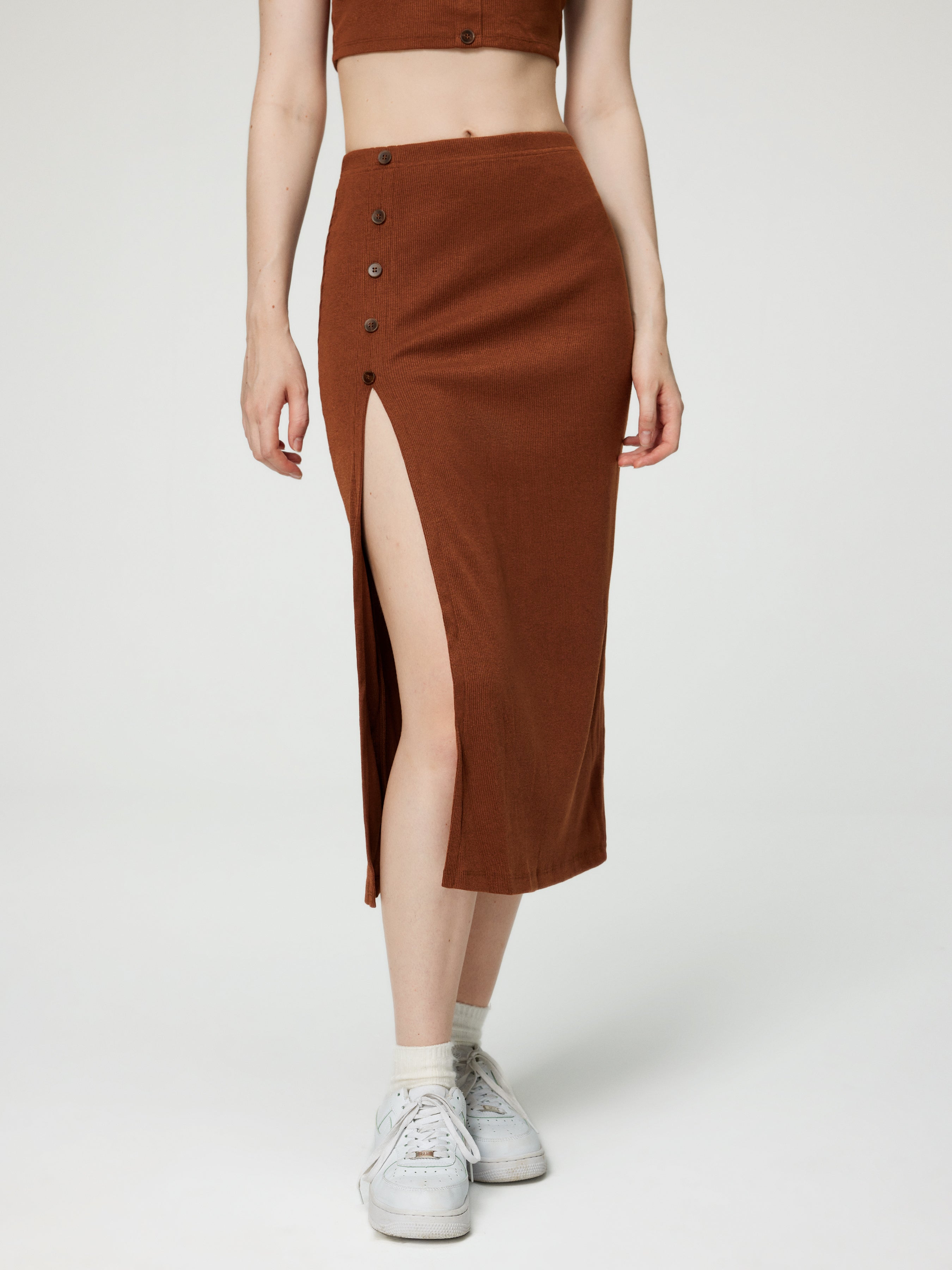 Solid Rib Crop Tank Top & Slit Skirt Set