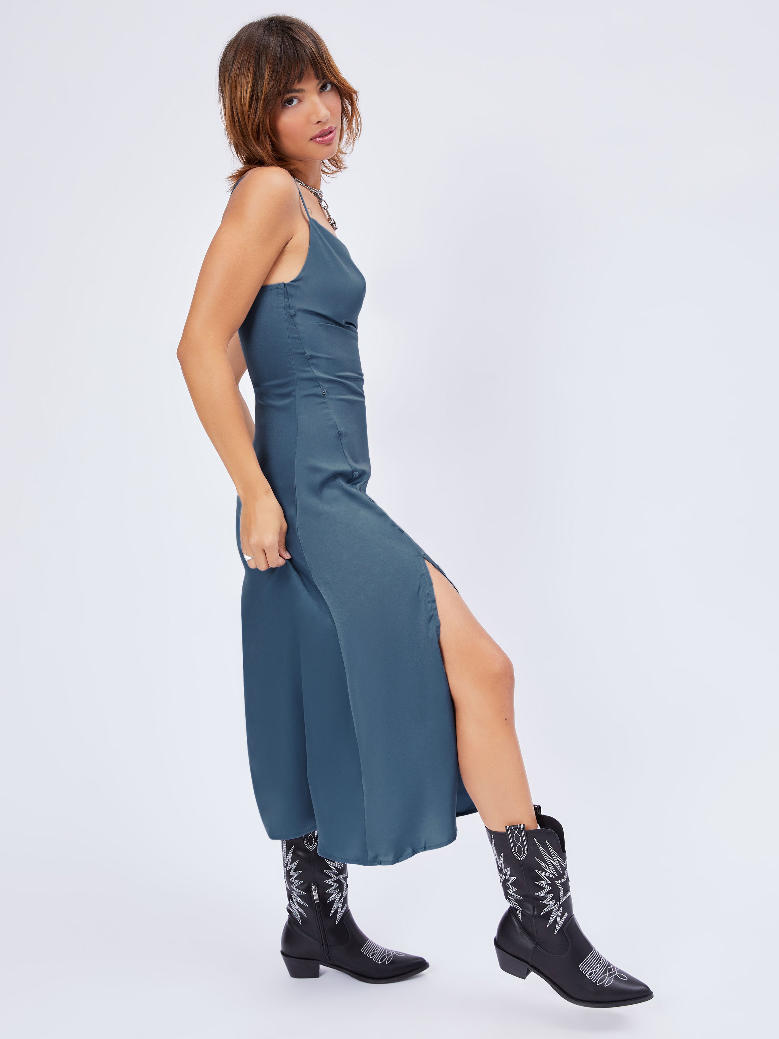 Solid Cowl Neck Slit Midi Dress