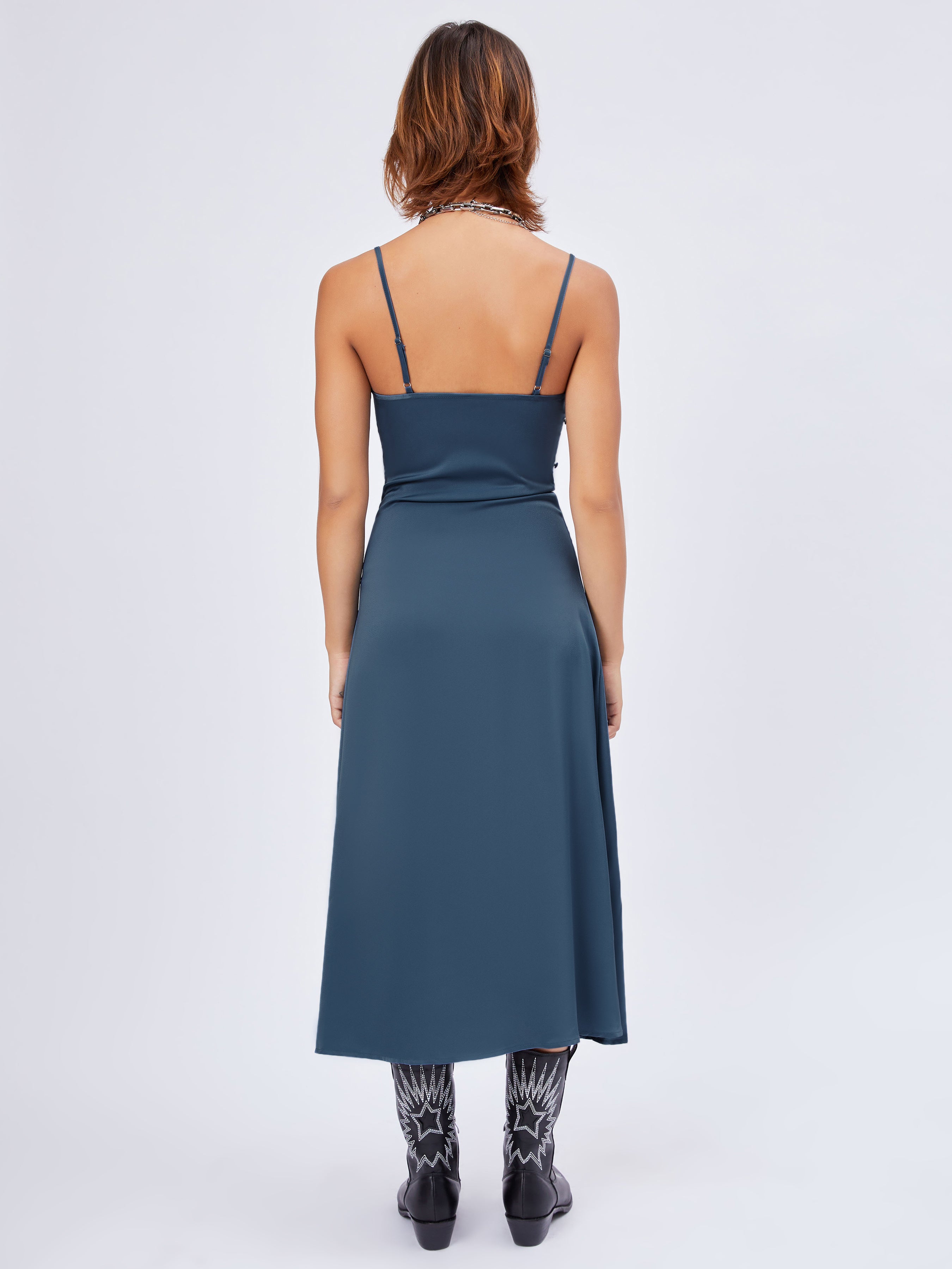Solid Cowl Neck Slit Midi Dress
