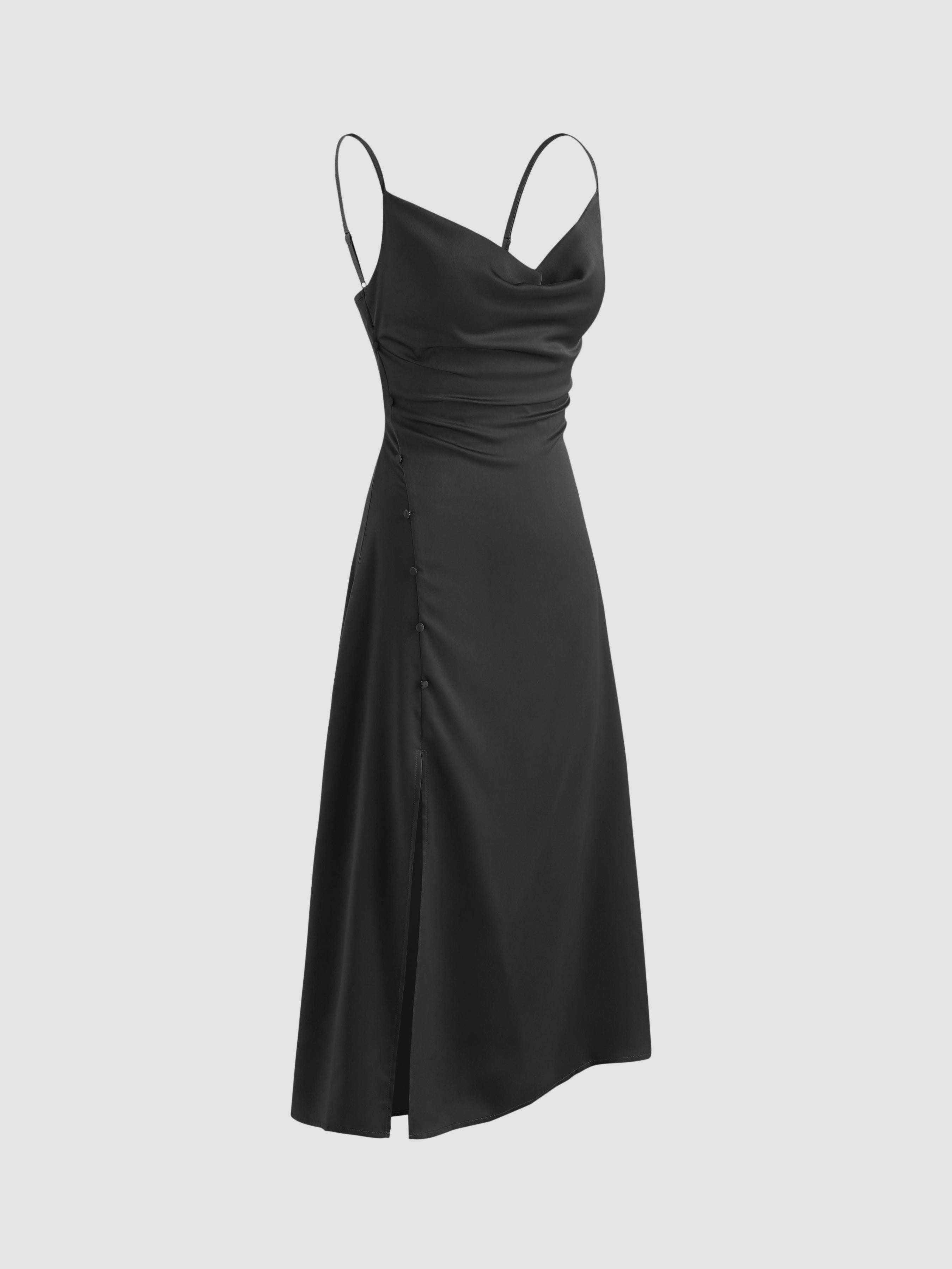 Solid Cowl Neck Slit Midi Dress