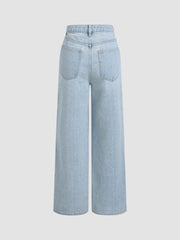Denim Mid Waist Floral Pocket Wide Leg Jeans