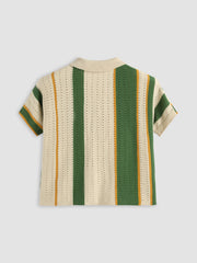Knit Polo Striped Hollow Out Short Sleeve Top