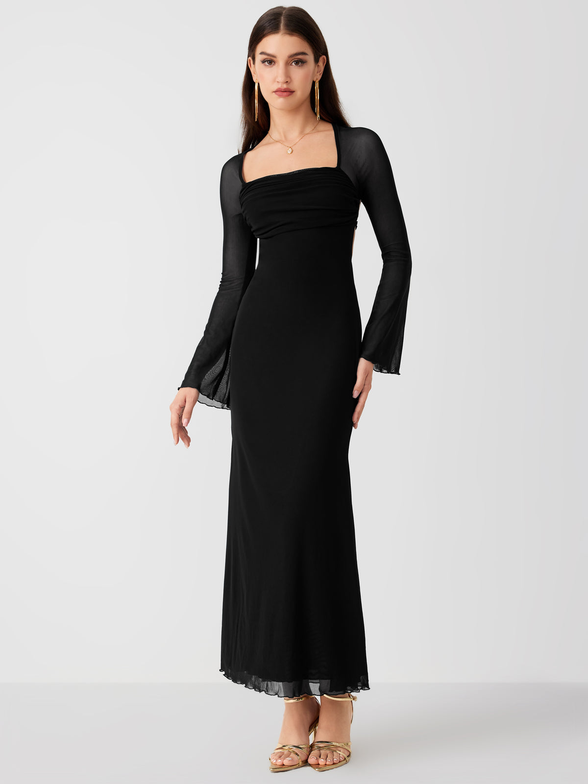 Mesh Square Neck Solid Drawstring Maxi Dress