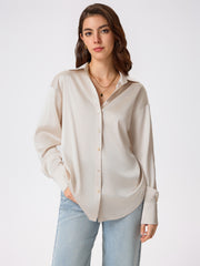 Satin Collar Solid Button Long Sleeve Shirt